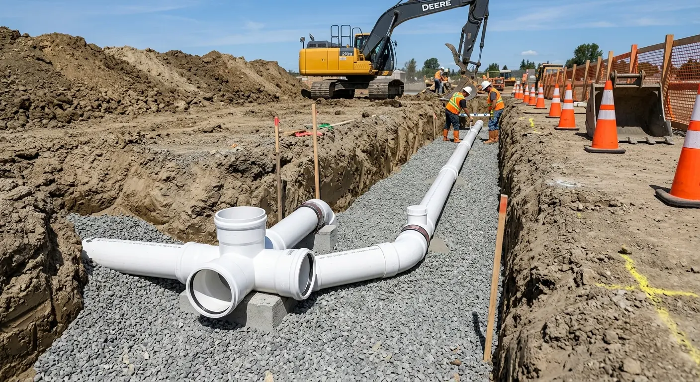New PVC sewer pipe installation in open trench for Commercial Drain Cleaning in Harker Heights