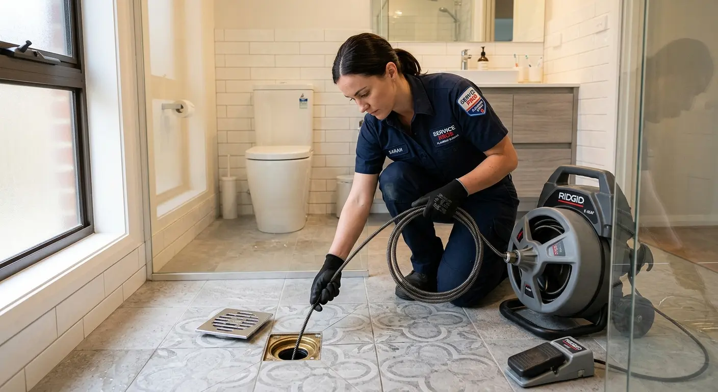 Technician clearing a bathroom floor drain for Sewer Line Replacement in Harker Heights